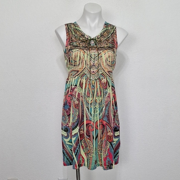 One World Multicolor Beaded & Stud Embellished Sleeveless Mini Sundress Size PL - Picture 1 of 14